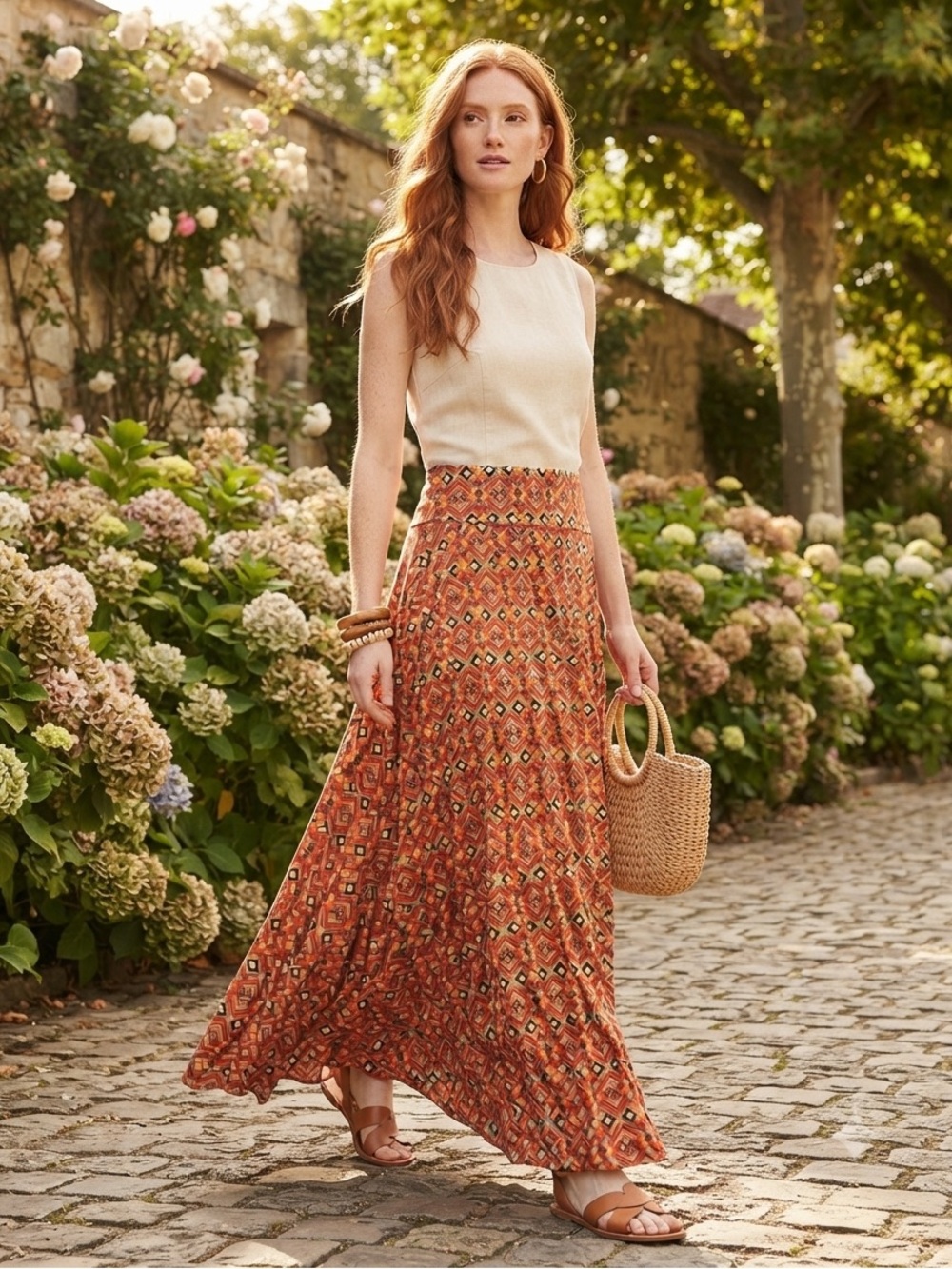 LuLaRoe Orange, Red, Olive, and Black Geometric Maxi Skirt (M)